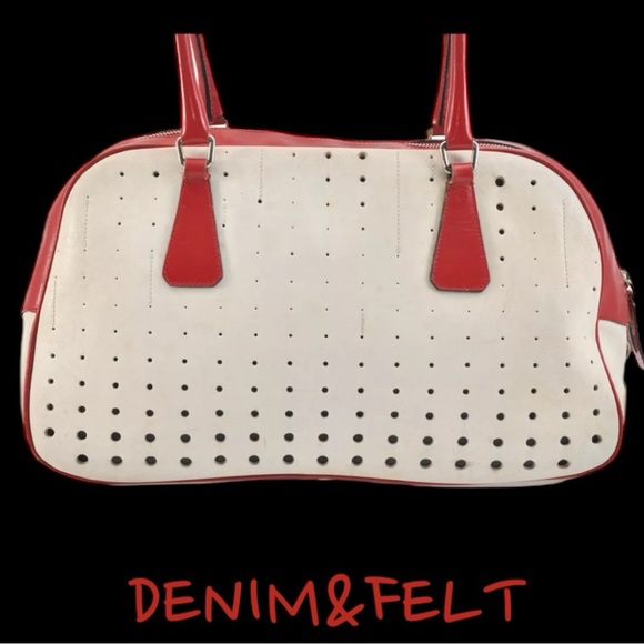 Prada Vintage White/ Red Leather 2000’s Bowling Bag/Perforated Vitello Bag |RARE - Picture 3 of 16